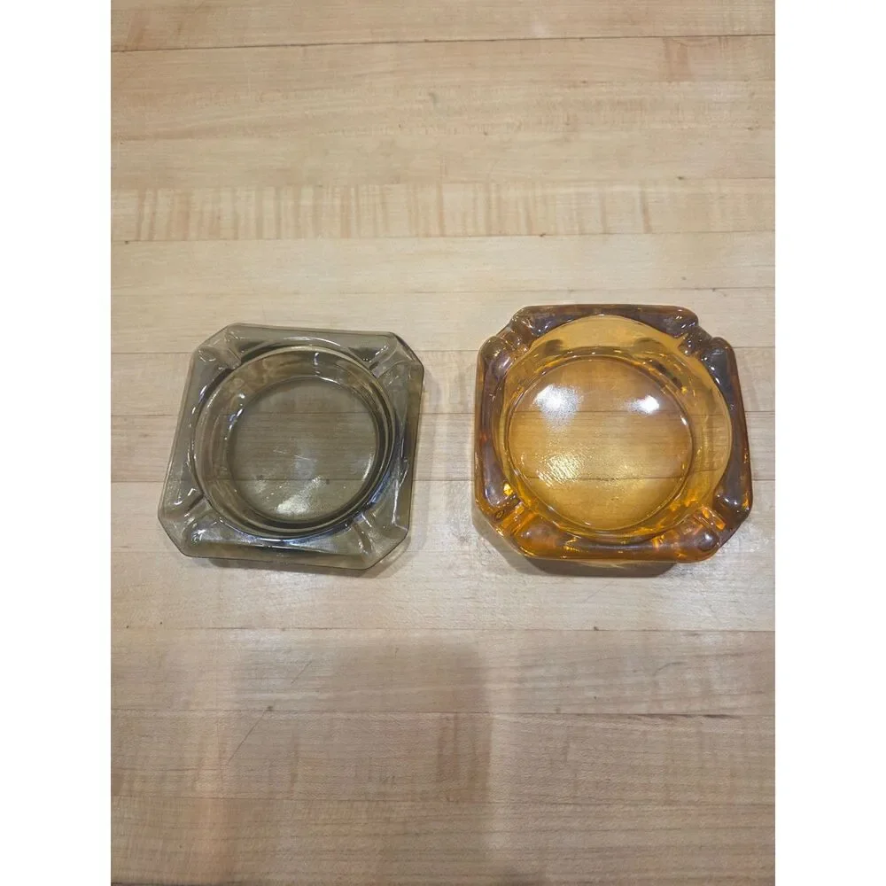 Vintage MCM Amber & Smoked Brown Glass Square Ashtray Set of 2